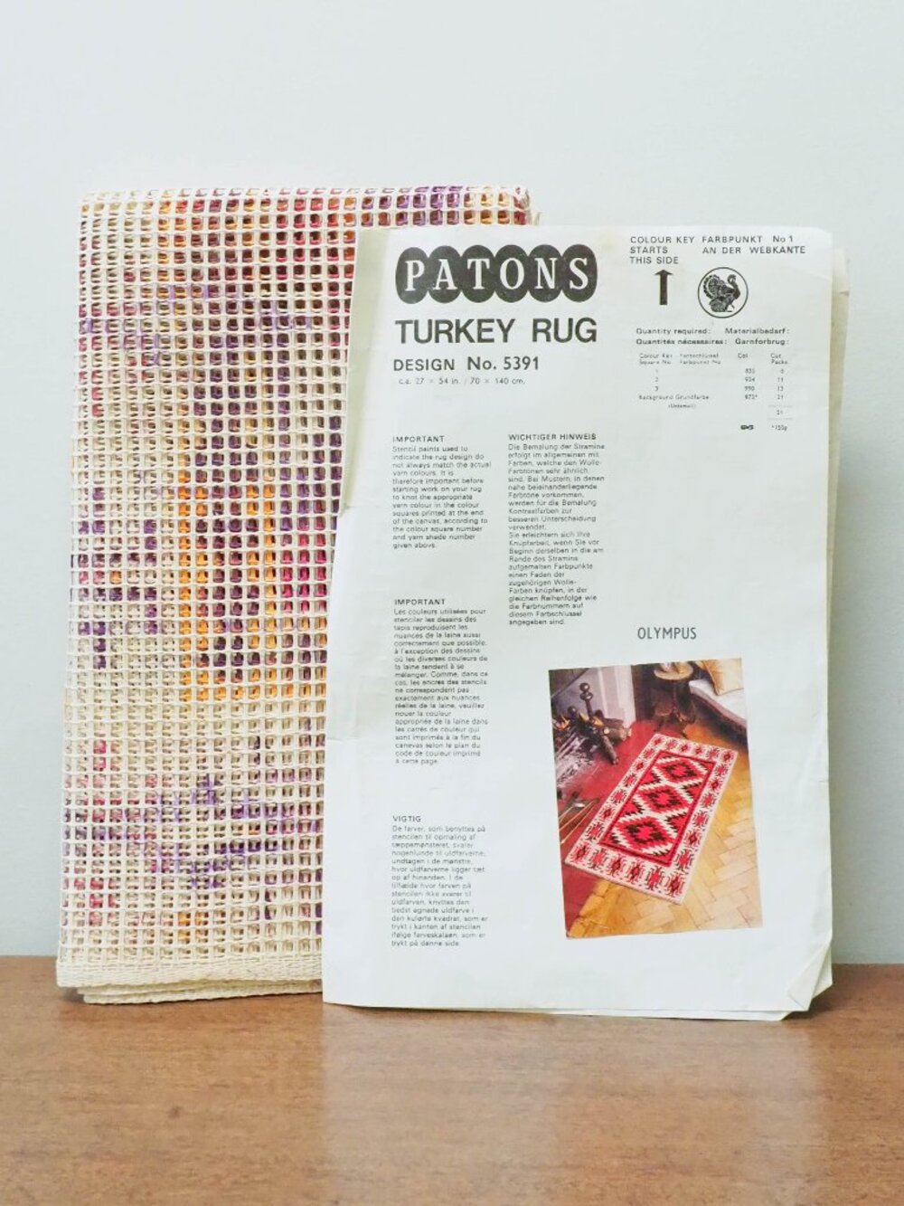 Vtg Patons Turkey Rug Latch Hook Rug Printed Canvas  27" x 54"  Pattern #5391
